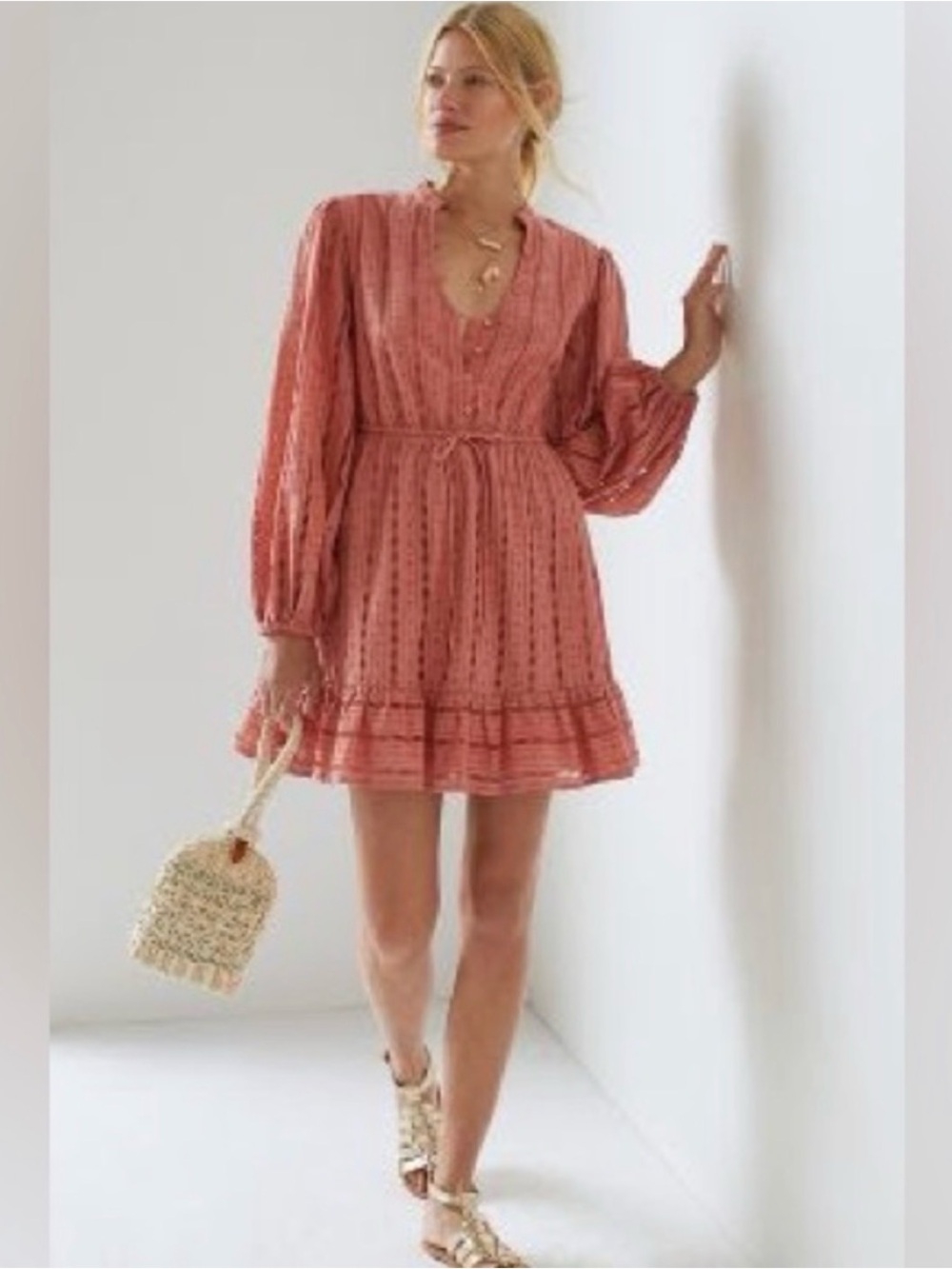 Textured Rust Mini Dress with Tie Waist